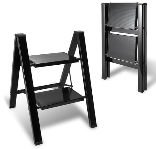Eulenke Escalera plegable de 2 peldaños, ligera, plegable, taburete de aluminio, escalera antideslizante con seguro plegable, escalera plegable para el hogar, cocina, soporta hasta 150 kg, color negro