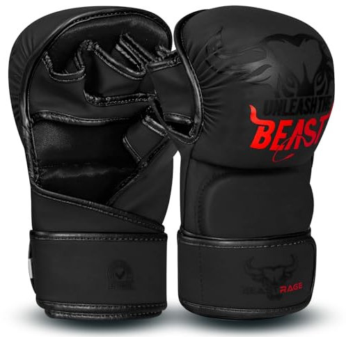 BEAST RAGE MMA Gants pour Hommes et Femmes, Support de Poignet Ajustable, Paume Ouverte, Gants d'arts Martiaux pour Muay Thai, Combat en Cage, Taekwondo (Rouge, L/XL)