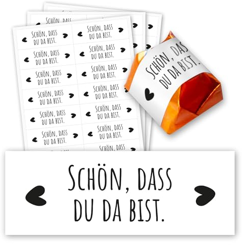 60er Aufkleber-Set Schön, dass du da bist - Gastgeschenk passend für Küsschen Pralinen I Herz I Rechteckig I dv1354