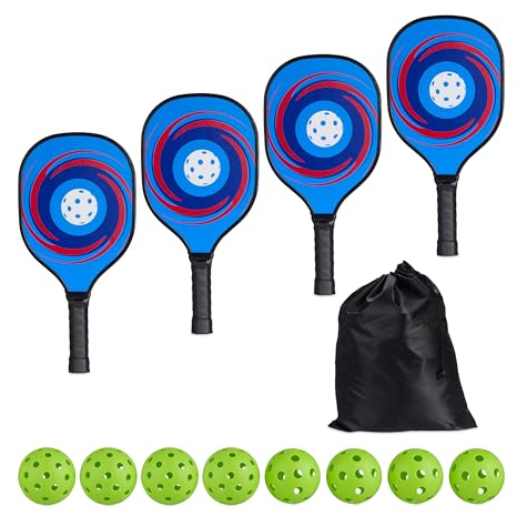 Relaxdays Kit de Pickleball, 4 Palas y 8 Pelotas, Juego de Raquetas Adultos, con Bolsa de Transporte, Madera, Multicolor, 39 x 19,5 x 3,5 cm