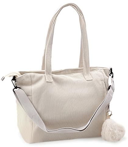 DAWRIS Tote Bag Damen Shopper Tasche Groß Handtasche Cord Grosse Tasche Beige Umhängetasche Schultertasche Gross Women's Totes Aesthetic für Uni Schule Arbeit Büro Reisen Einkaufen Alltag