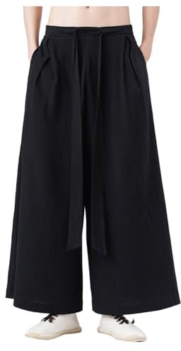 Duohropke Hakama Kung Fu Pantalones de seda de hielo para hombre con dobladillo ancho Wushu Kimono chino, Negro , M