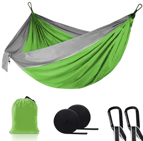 Leifyne Camping Hammock 270 x 150cm with Straps, Portable Hammocks 210T Parachute Nylon Ultralight with Storage Bag Camping Accessories for Outdoor Garden Backpacking, Green & Grey
