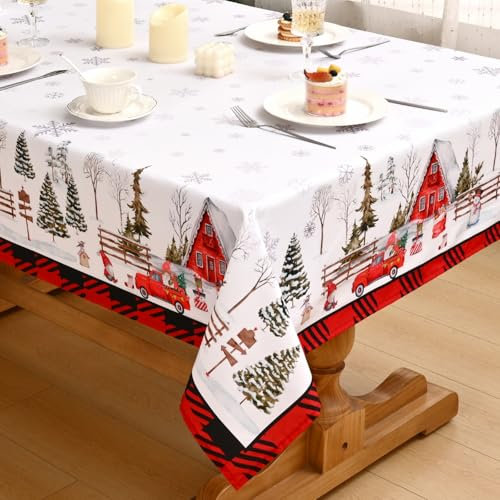 Alishomtll Weihnachten Tischdecke, Schneeflocke Cartoon Häuser Baum Rechteckige Tischdecken, Wasserabweisend Abwaschbar Tischtuch, Winter Party Festliche Deko Tischwäsche, Weiß Rot 140x200 cm