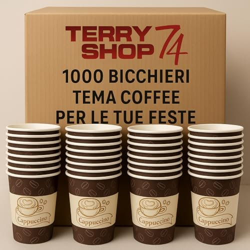 Terryshop74 1000 bicchieri in carta biodegradabile XXXL 300 ml per bevande Fredde Calde The e Cappuccino Birra (1000 Cappuccino, 1000, unità)