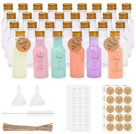 Lot de 30 mini bouteilles de liqueur en plastique réutilisables de 50 ml, avec bouchons à vis, brosse de nettoyage et 2 entonnoirs, petites bouteilles à remplir pour mariage, fête