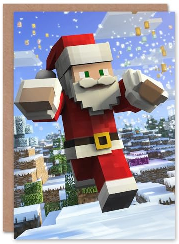 Artery8 Santa Claus Winter Block World Video Game Design Blank For Him Or Her Art Christmas Card