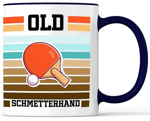 Tasse mit Spruch Old Schmetterhand Becher Tischtennis Table Tennis - lustiges Geschenk - Kaffeebecher als Geschenkidee - Kaffeetasse 330ml - Weiss-Blau