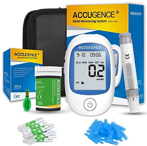 ACCUGENCE 3in1 Blood Ketone Monitor and 15 Ketone Test Strips, Blood Ketone Meter Keto Test kit for Keto Diet Testing -in mmol/L