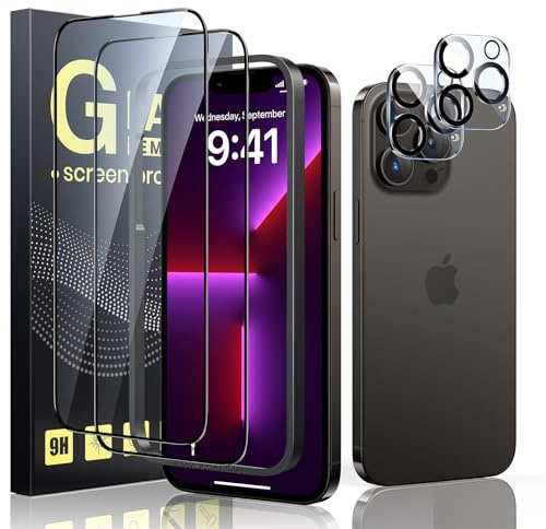 Guretok 2+2 für Panzerglas mit Schwarz Rand für iPhone iPhone 13 Pro Max mit Kameraschutz 6,7 [Mit Frame], 9H Schutzfolie für iPhone 13 Pro Max Panzerfolie [Anti-Bläschen] [Kratzfest] [HD Klar]