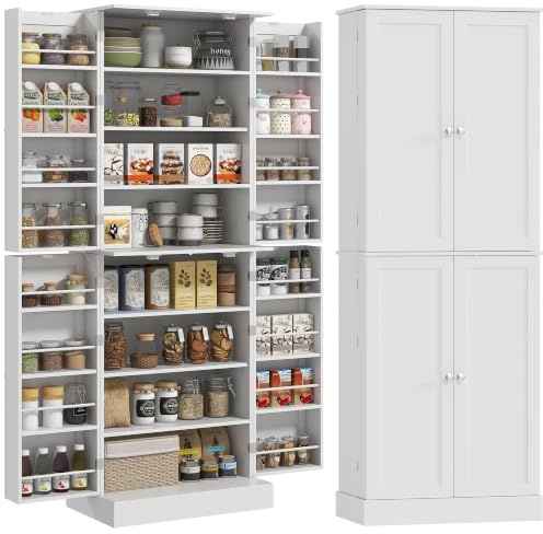 HOMCOM 165 cm Küchen-Vorratsschrank 16 Türregale Weiß | Freistehender Küchenschrank, Doppeltüren, 8-stöckige Regale, verstellbare Einlegeböden.
