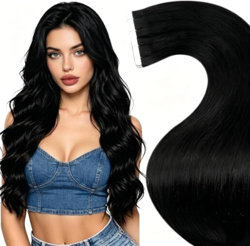 LaaVoo Tape in Extensions Echthaar Schwarz Echthaar Tape Extensions Invisible Haarverlängerung Echthaar Tape in Haar Extensions Remy 50cm 50g 20pcs #1