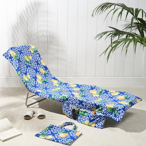 Brentfords Strandtuch mit Taschen, weiches, schnelltrocknendes, saugfähiges großes Strandtuch in Einer Tasche, leichte Liegetücher für Reisen am Pool oder Strandtage, 75 x 215 cm – Zitronenfliesen
