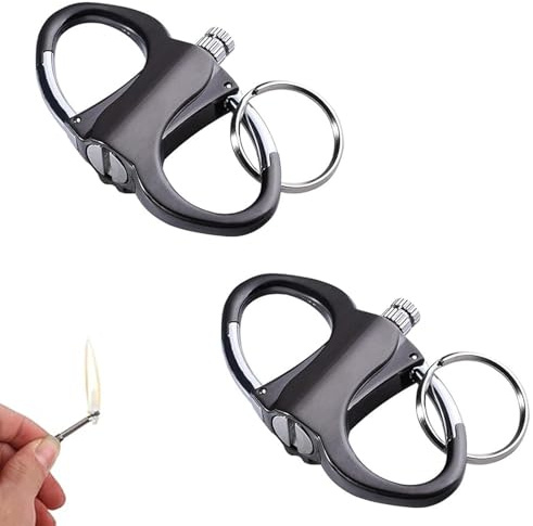 Lot de 2 briquets porte-clés en métal étanche, briquet infini permanent avec porte-clés, allume-feu de survie réutilisable pour urgence en plein air, camping (2 noirs)