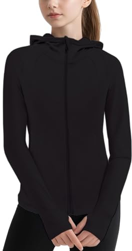 LIONJIE Rashguard für Mädchen, langärmelig, Reißverschluss, athletischer Kapuzenpullover, Oberteil, Angeln, Wandern, UV-Schutz, Oberbekleidung, Schwarz-1, 10-11 Jahre