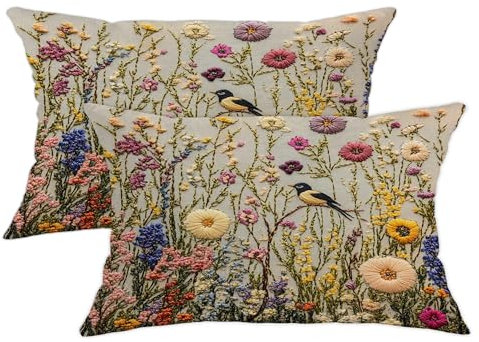 Embroidered Flower Bird Throw Pillow Covers Set of 2, Beige Spring Garden Decorative Cushion Covers, Vintage Style Home Decor for Couch Sofa Bed 20x12 Inch