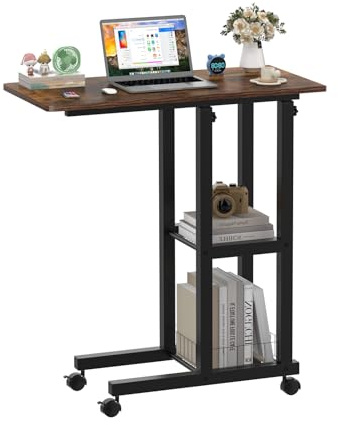 DHHOZAMZ Beistelltisch mit Rollen, C-förmiger Beistelltisch mit Stauraum, Couchtisch, Höhenverstellbarer Computertisch, Nutzung im Heimbüro. (Vintage Braun-o, 60x30x60-90cm)