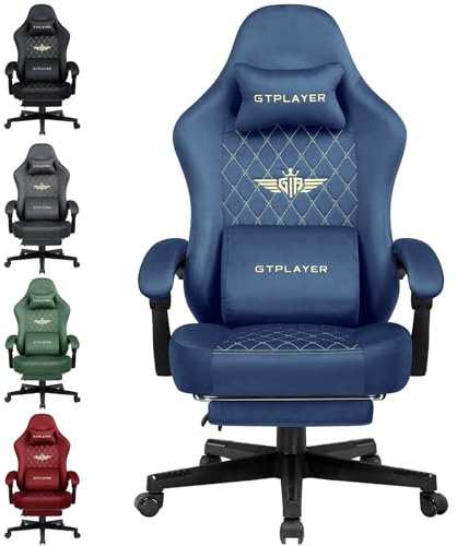 GTPLAYER Gaming-Stuhl, Stoff, Gaming-Stuhl, ergonomisch, Büro, PC, 150 kg, Verstellbarer und drehbarer Tischstuhl mit Feder-Sitzkissen und Fußstütze, Blau