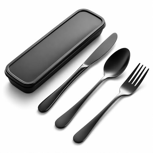 Set de Couverts en Inox 3 Pièces Couverts Lunch Box de Camping,Boite Couvert a Emporter Couteau Fourche Cuillère avec Boîte de Rangement Noir pour Camping et Pique Nique et Lunch Box