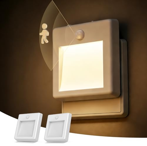 LOHAS-LED Nachtlicht Steckdose mit Bewegungsmelder, 2 Stück, 1W | 30/60/120-Sek.-Timer, 0-100% dimmbar, 3000K Warmweiß, LED Orientierungslicht nach unten für Flur, Treppe und Schlafzimmer