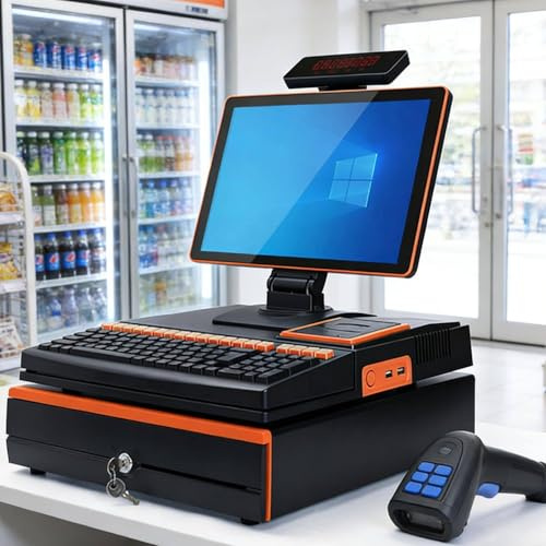 PixCy Caisse Enregistreuse Intelligente,Caisse Enregistreuse Tactile Tout, Tout-en-Un Design + 15,6 Écran Tactile LCD,Scanner + Imprimante de reçu,4G+128Go + Connexion Wi-FI Single