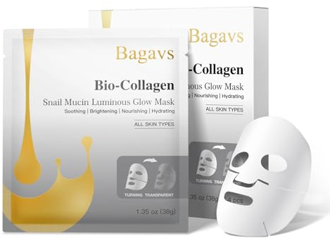 Bagavs Maschera Viso Bio-Collagene e Bava di Lumaca, Maschera Illuminante Idratante Lenitiva e Nutriente per Pelle Luminosa, Confezione da 4