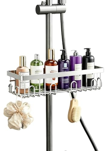Duschablage ohne Bohren für Duschstange 18–25mm, Edelstahl Duschkorb ohne Bohren, Shampoo Halterung Dusche mit Haken, Bad Organizer für Duschgel & Zubehör, platzsparend (Silber, 32cm)