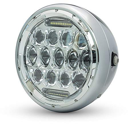 Alchemy Parts Motorbike Projector LED Headlight 7.7 inch 196mm in Deep Chrome for Cafe Racer Retro Scrambler Street Bike Roadster Gloss Black