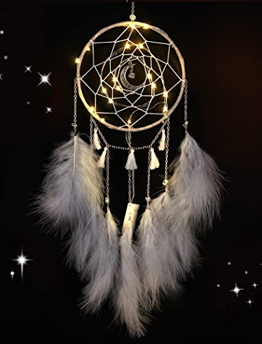 Nice Dream Traumfänger mit LED Licht, Handgemachte Dreamcatcher mit Federn, Maiden Zimmer Schlafzimmer Romantische Dekoration, für Wandbehang Wohnkultur Ornamente Handwerk Grau