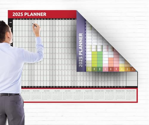 Kalender 2025, A0, großes Format (84 x 118 cm), gerollter Jahres-Wandplaner, doppelseitig, rotes und Regenbogen-Design auf jeder Seite, ganzes Jahr für das Heimbüro