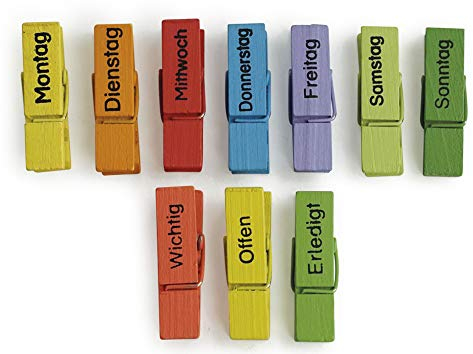 TimeTEX Set Wochentags-Klammern 45 mm - 10 Stück farbig - mit Magnet - Holzklammern - 10845