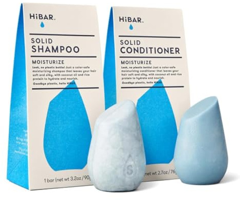 HiBAR - Moisturize Shampoo & Conditioner Set - For Dry, Frizzy Hair - Nourish & Hydrate -Coconut Oil, Cocoa Butter & Vitamin B5 -Plastic, Soap, Paraben & Sulfate-Free -Color Safe & Vegan -2 Solid Bars