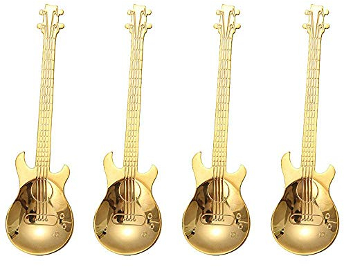 Cuchara de café musical de acero inoxidable con diseño de guitarra, cuchara para helado, postre y azúcar, cucharas para batir leche, paquete de 4, color dorado