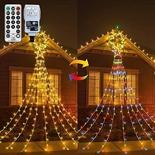 CORST Christmas Lights Outdoor Star Curtain Lights Mains Powered,Christmas Tree Lights Outside Window Curtain Lights Plug in 335 LED Warm White Multi-Colour Waterproof for Xmas Room Gazebo Decor