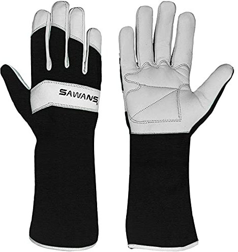 SAWANS Long Gardening Gloves Leather Ladies Men Women Durable Goatskin Garden Gloves Forearm Protection Thorn Proof Gardener Work Spandex Sleeves Rose Pruning Gift (Black, L)