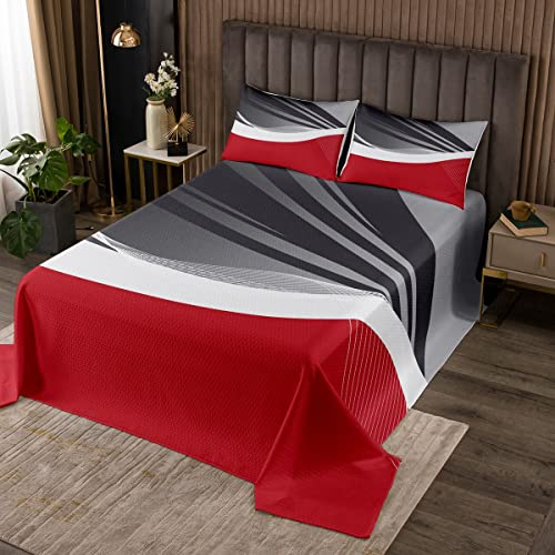 Rot Grau Geometrisches Tagesdecken-Set 240×220 cm,Abstrakte Linien Ripple Bett-/Sofabezug 3-teilig für Mädchen Teens,Wellenmuster Retro-Steppdecken-Set mit 2 Kissenbezügen, Weiches Polyester