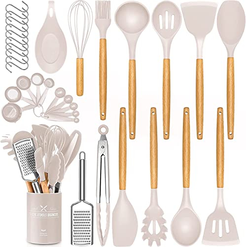 Ensemble d'ustensiles de cuisine en silicone résistant à la chaleur de 34 pièces, spatule antiadhésive pour ustensiles de cuisine (Kaki)