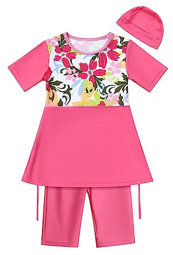 IMEKIS Kind Mädchen Muslimische Bademode Blume Schmetterlingsdruck Bescheidene Badeanzüge islamische Burkini Outfit Kurzarm Kapuze Badetop mit Kurz Hose 2pcs Tankinis Badeanzug Rose 1 11-12 Jahre