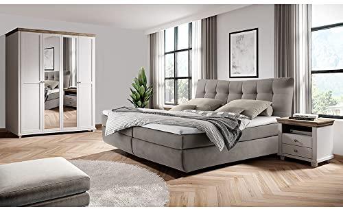 Lomadox Schlafzimmerset Boxspringbett Doppelbett Liegefläche 180 x 200 cm Topper 7-Zonen-Matratze Landhaus weiß Esche Eiche Kleiderschrank Spiegeltüren 2 Nachttische