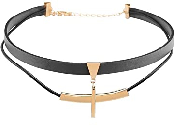 Kreuz Kette, Choker Kette Vergoldet Halsband aus Pu-Leder Halskette Schwarz Frauen Schmuck 38CM Beste Freundin Geschenke