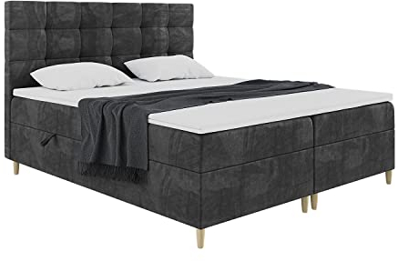 MEBLINI Boxspringbett mit Bettkasten - Gepolstert Doppelbett mit Matratze und Topper - Polsterbett mit Stauraum - Bett mit Kopfteil - Stauraumbett - DICO - 140x200 - H3/Schwarz Samt