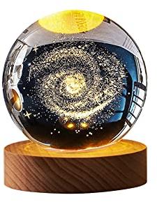 3D Kristallkugel Nachtlicht, 6cm Mond Glaskugel Nachtlampe mit Holzsockel USB Schneekugel Deko Wal Saturn Sonnensystem Wiederaufladbares Nachtlicht Geschenke für Kinder Männer Frauen