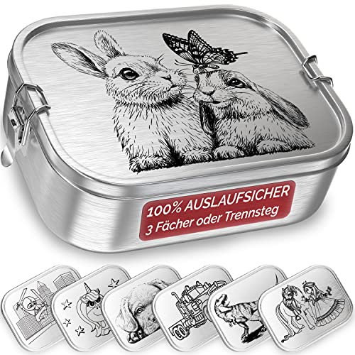 TAKWAY Edelstahl Brotdose Kinder mit Fächern 800ml | Auslaufsicher | Bento Box mit Unterteilung variabel | Jausenbox Brotbox Kindergarten Kita Schule (Hase, Trennsteg)