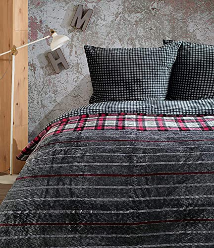 one-home Winter Bettwäsche Teddy Plüsch kariert anthrazit rot Cashmere Touch Fleece Warm, Größe:3 teilig 200x220 cm