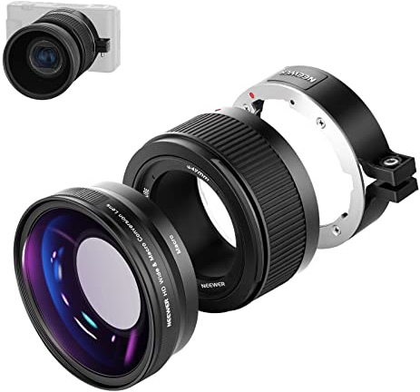 NEEWER Weitwinkelobjektiv kompatibel mit Sony ZV1 Kamera, 2 in 1 18mm HD Weitwinkel und 10 Fach Makro Zusatzobjektiv mit Verlängerungsrohr, Bajonett Linsenadapter, Reinigungstuch (schwarzer Rahmen)
