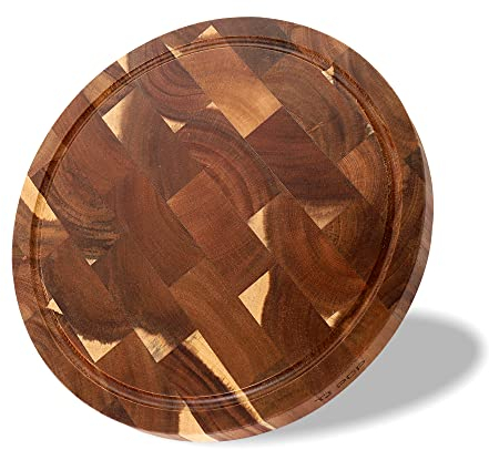 TJ POP Tabla de Cortar de Madera de Acacia Redonda 30 x 30 x 2.5cm - Premium Con Pies Antideslizantes Para Cortar Carne, Verduras, Fruta y Queso