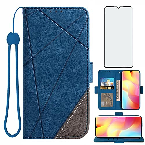 Asuwish Handyhülle für Xiaomi Mi Note 10 Lite Hülle mit Glas Folie Schutzfolie Kartenfach Klappbar Leder Geldbörse Ständer Note10 10Lite M2002F4LG Handy Hüllen Schutzhülle Handyhüllen Phone Case Blau