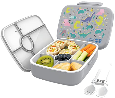 tiddlers & nippers 5 Compartment Lunch/Bento Box for Kids & Adults! | Includes Reusable Cutlery - Fork & Spoon | Leak-Proof & BPA-Free | Microwave, Freezer & Dishwasher Safe (Dinky Dinos)