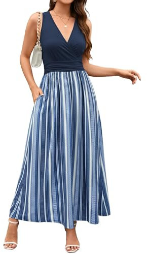OUGES 2024 Womens Sleeveless V-Neck Wrap Summer Dress Floral Maxi Dresses with Pockets(Floral03-3142,L)