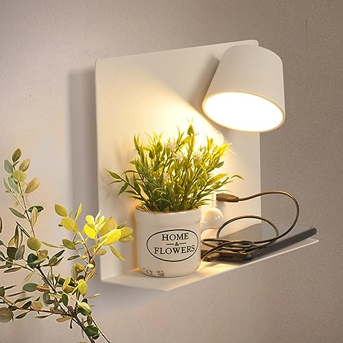 SUNLLOK Moderne Lese LED Wandleuchte mit USB Ladeanschluss & Regalen – Verstellbar Warmweiß Flexibler Kopf Wandlampe – Innen Wandbeleuchtung Deko für Bad Wohnzimmer, Kinderzimmer (Weib., 3200 K)